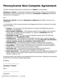 Blank Non-compete Agreement Form for Pennsylvania State