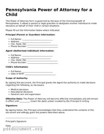 Blank Power of Attorney for a Child Form for Pennsylvania State