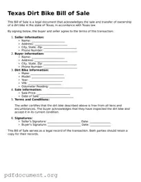 Blank Dirt Bike Bill of Sale Form for Texas State
