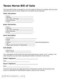 Blank Horse Bill of Sale Form for Texas State