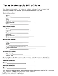 Blank Motorcycle Bill of Sale Form for Texas State