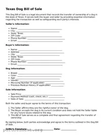 Blank Dog Bill of Sale Form for Texas State