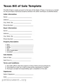 Blank Bill of Sale Form for Texas State