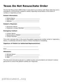 Blank Do Not Resuscitate Order Form for Texas State