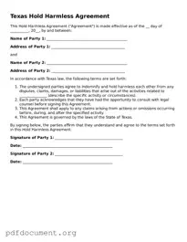 Blank Hold Harmless Agreement Form for Texas State