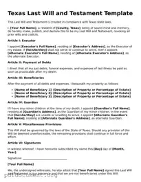 Blank Last Will and Testament Form for Texas State