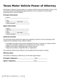 Blank Motor Vehicle Power of Attorney Form for Texas State