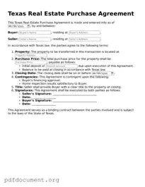 Blank Real Estate Purchase Agreement Form for Texas State