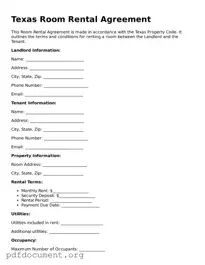 Blank Room Rental Agreement Form for Texas State