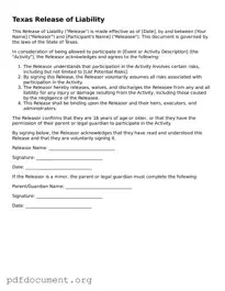 Blank Release of Liability Form for Texas State