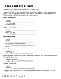 Blank Boat Bill of Sale Form for Texas State