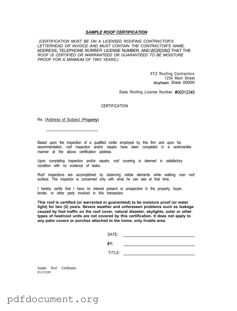 Fill Out Your Sample Roof Certification Form