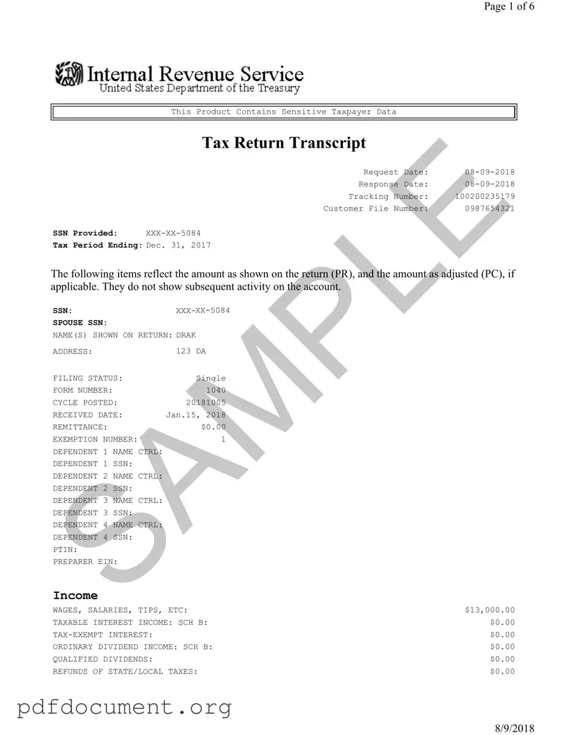 Fill Out Your Sample Tax Return Transcript Form