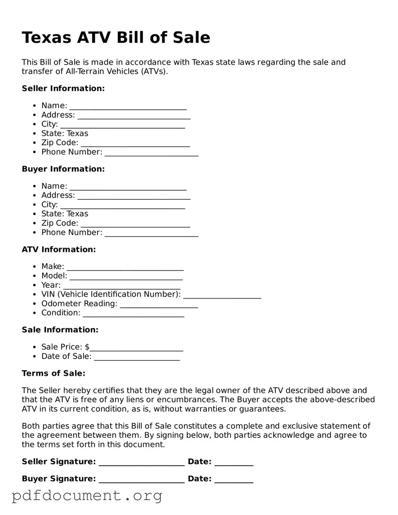 Blank ATV Bill of Sale Form for Texas State