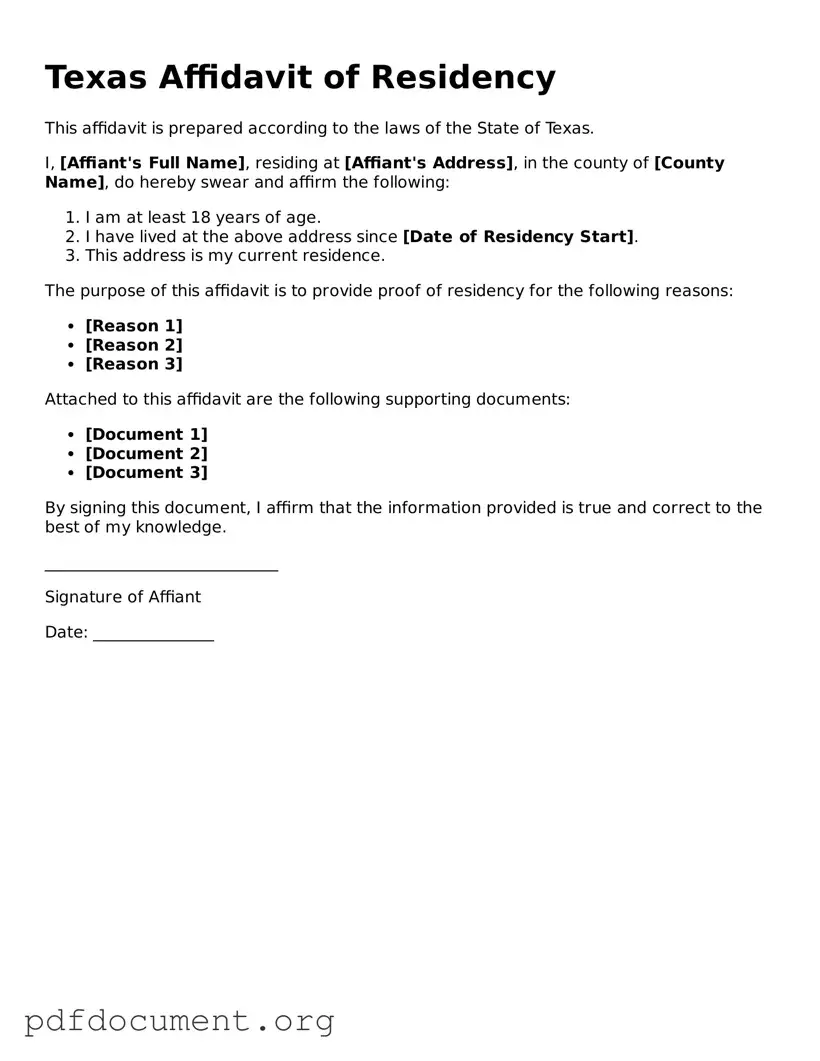 Blank Affidavit of Residency Form for Texas State