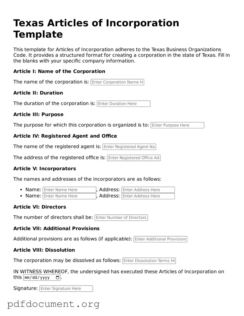 Blank Articles of Incorporation Form for Texas State