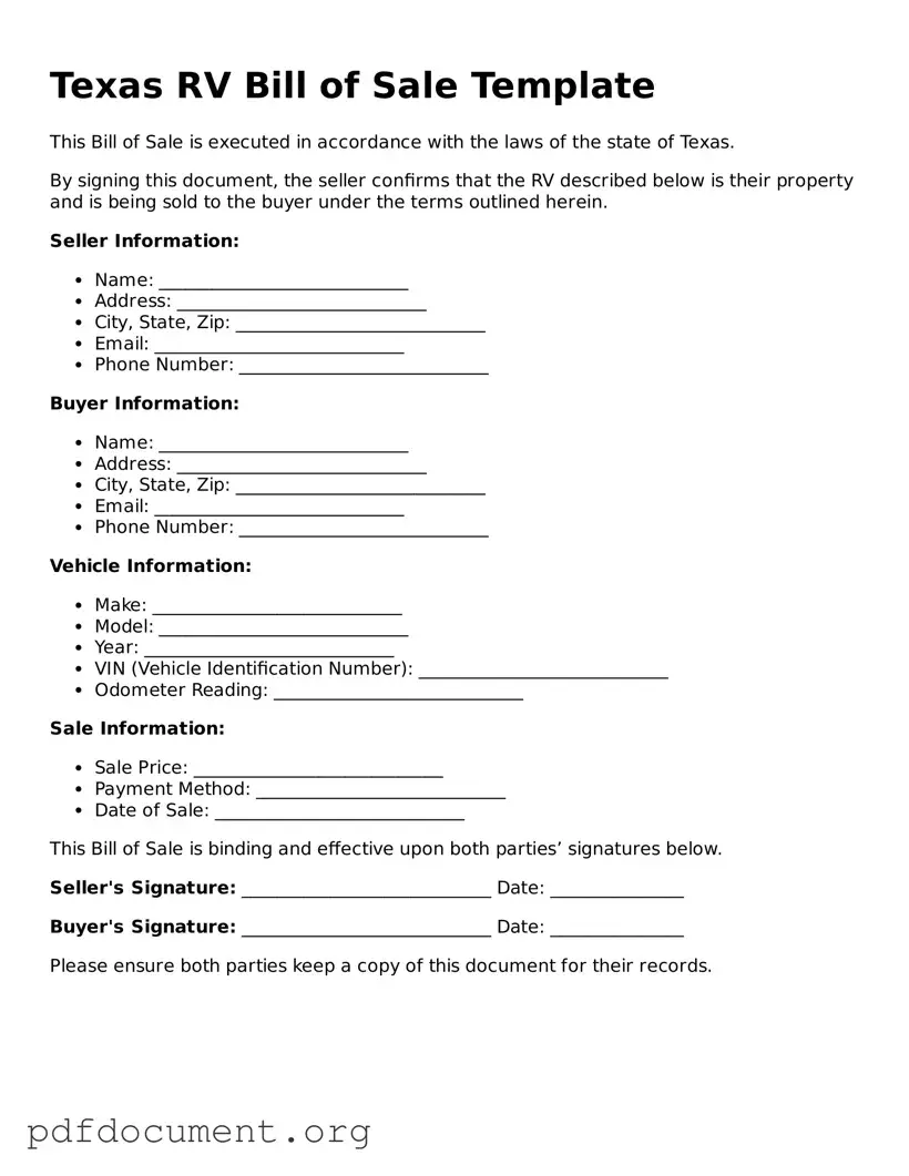 Blank RV Bill of Sale Form for Texas State