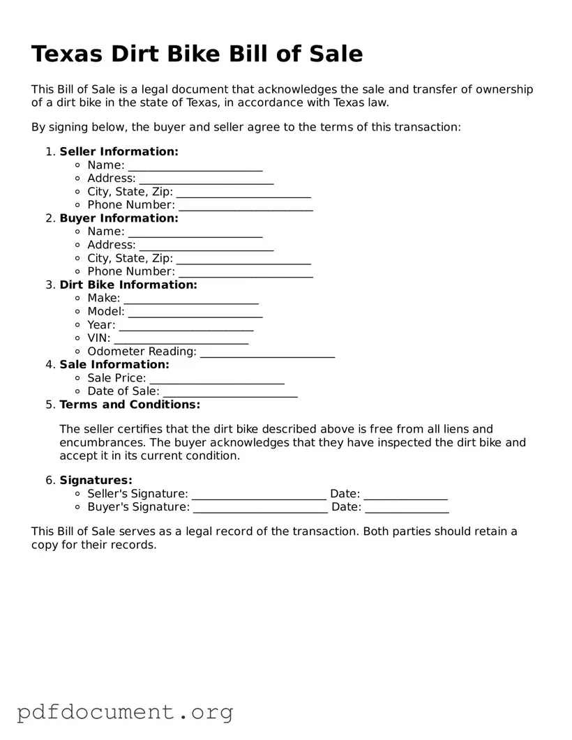 Blank Dirt Bike Bill of Sale Form for Texas State