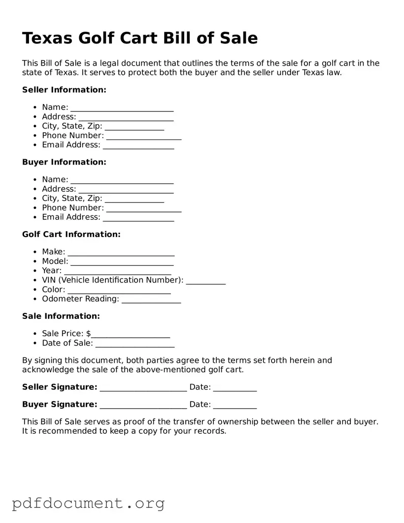 Blank Golf Cart Bill of Sale Form for Texas State