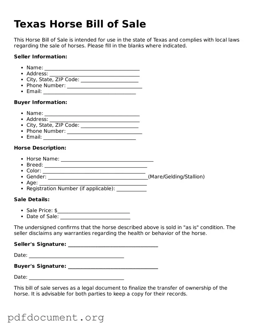 Blank Horse Bill of Sale Form for Texas State