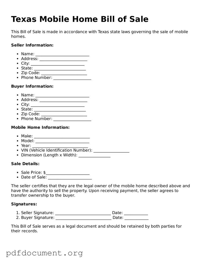 Blank Mobile Home Bill of Sale Form for Texas State