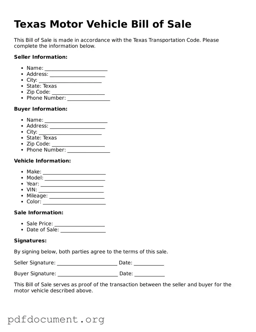 Blank Motor Vehicle Bill of Sale Form for Texas State