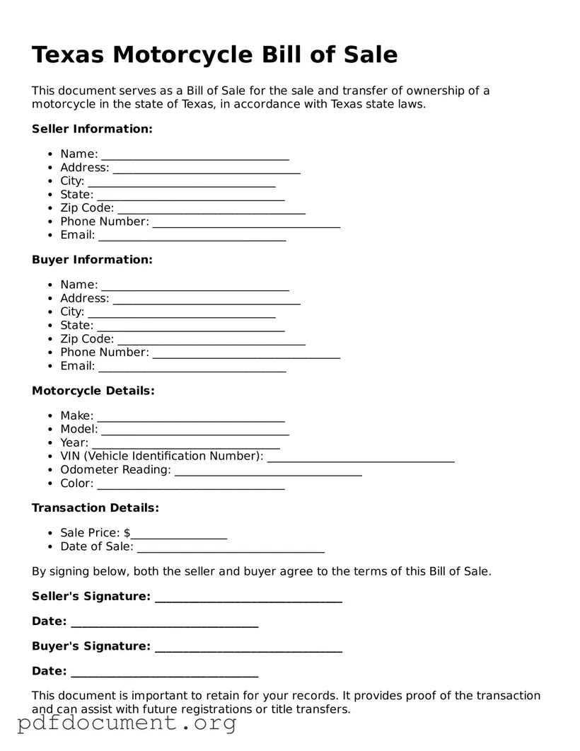 Blank Motorcycle Bill of Sale Form for Texas State
