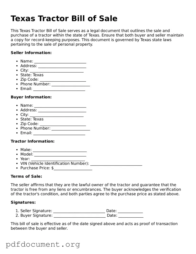 Blank Tractor Bill of Sale Form for Texas State