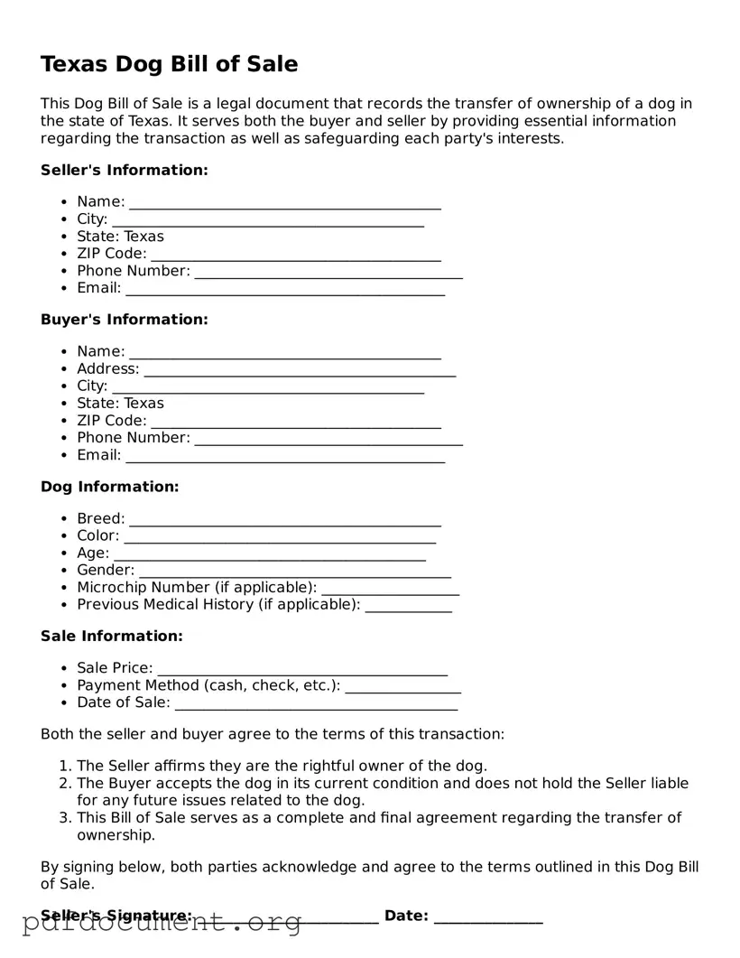 Blank Dog Bill of Sale Form for Texas State
