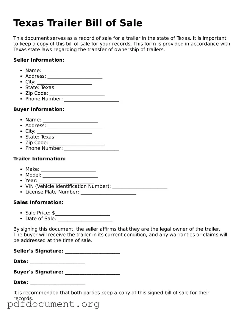 Blank Trailer Bill of Sale Form for Texas State