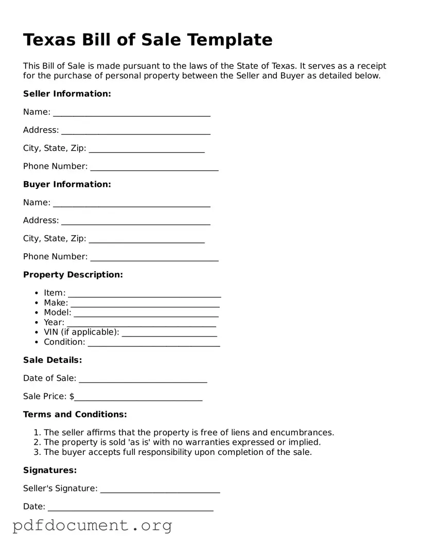 Blank Bill of Sale Form for Texas State