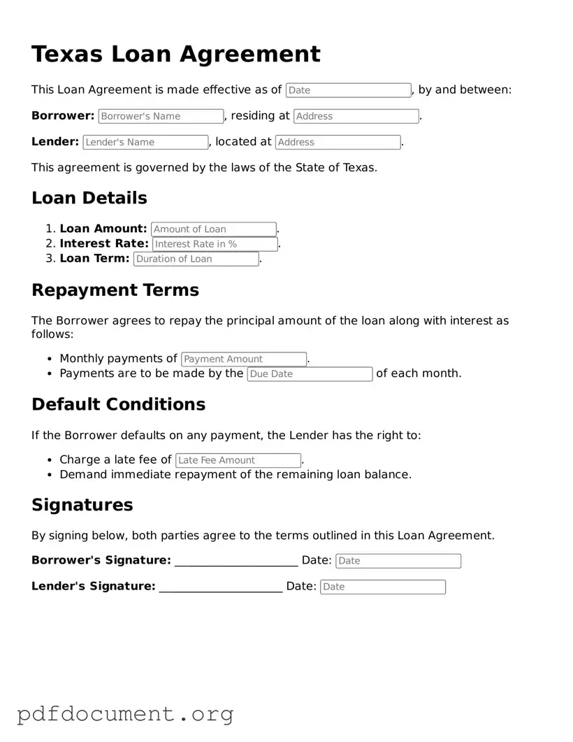 Blank Loan Agreement Form for Texas State