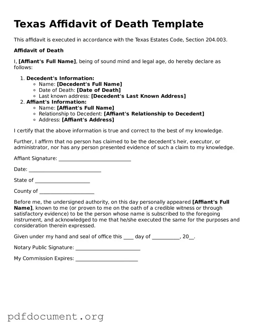 Blank Affidavit of Death Form for Texas State