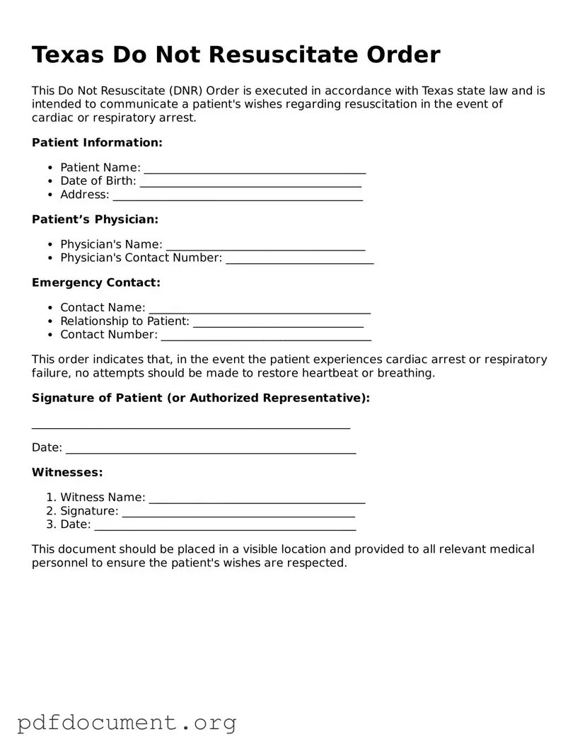 Blank Do Not Resuscitate Order Form for Texas State