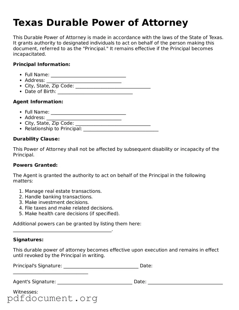 Blank Durable Power of Attorney Form for Texas State