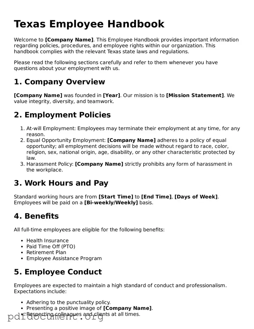 Blank Employee Handbook Form for Texas State