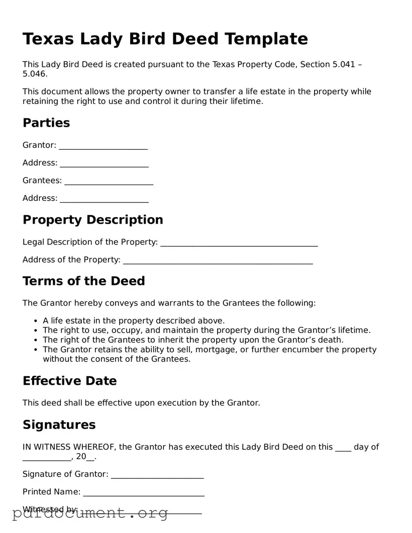 Blank Lady Bird Deed Form for Texas State