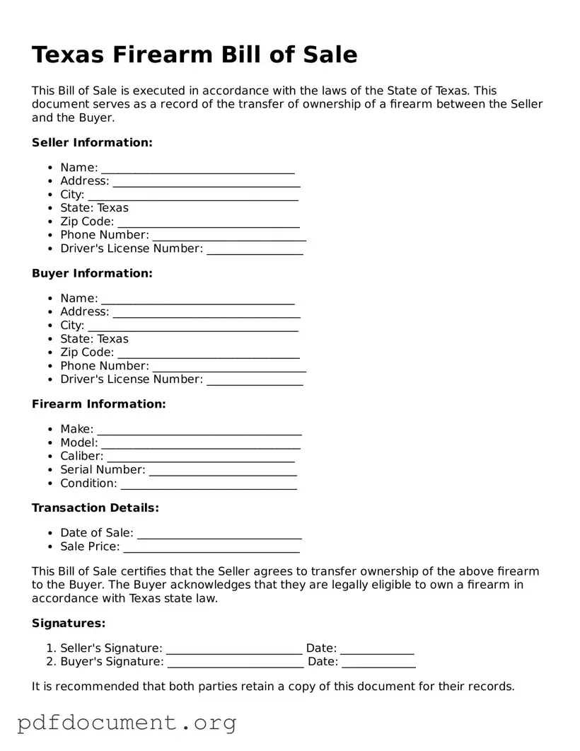 Blank Firearm Bill of Sale Form for Texas State