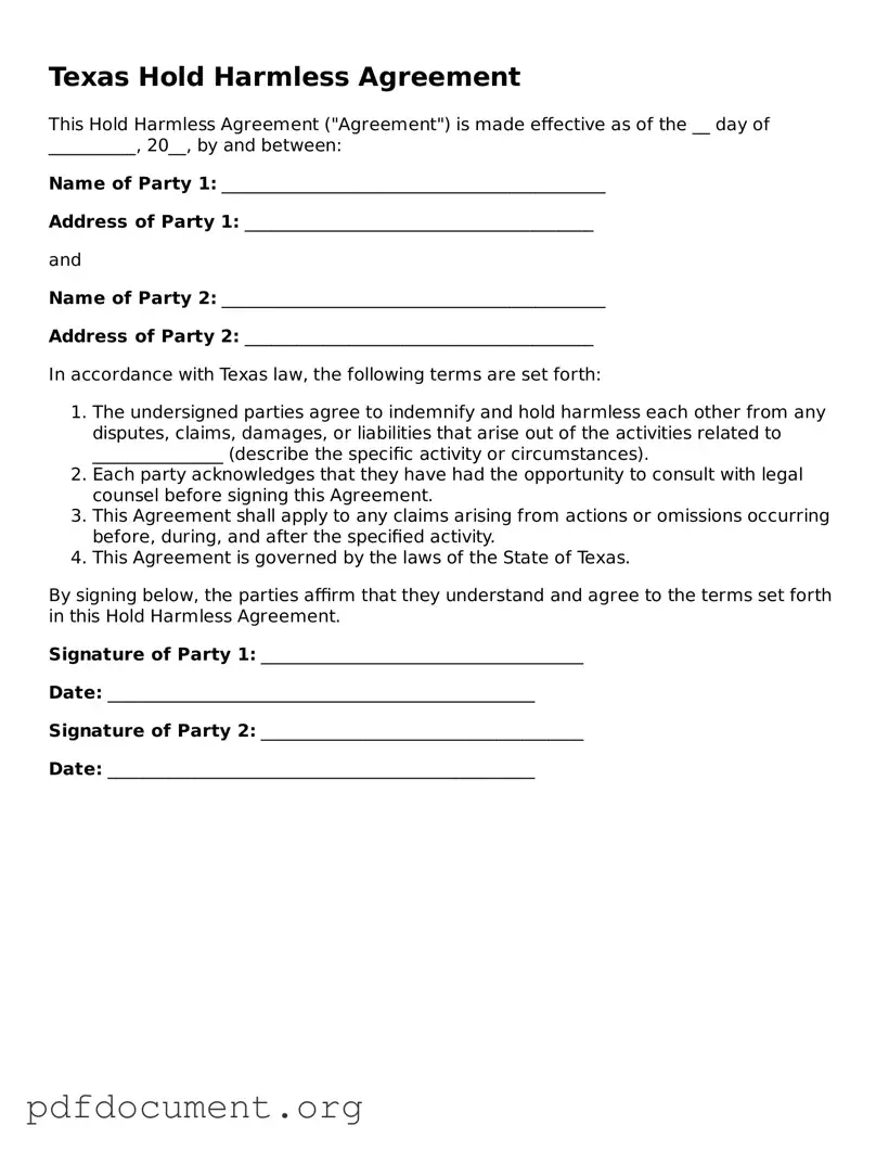Blank Hold Harmless Agreement Form for Texas State