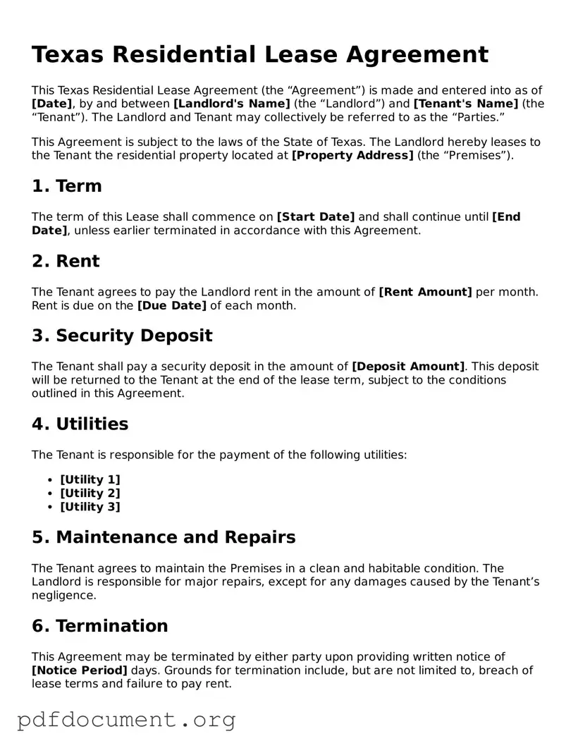 Blank Residential Lease Agreement Form for Texas State