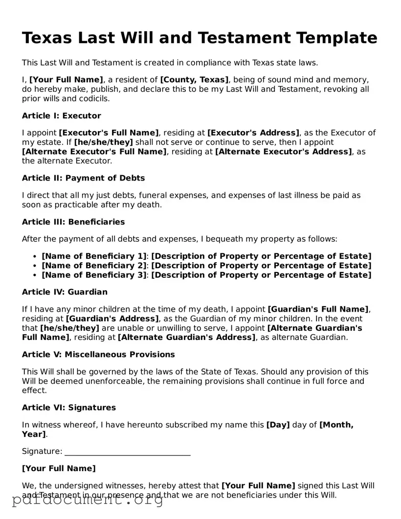 Blank Last Will and Testament Form for Texas State
