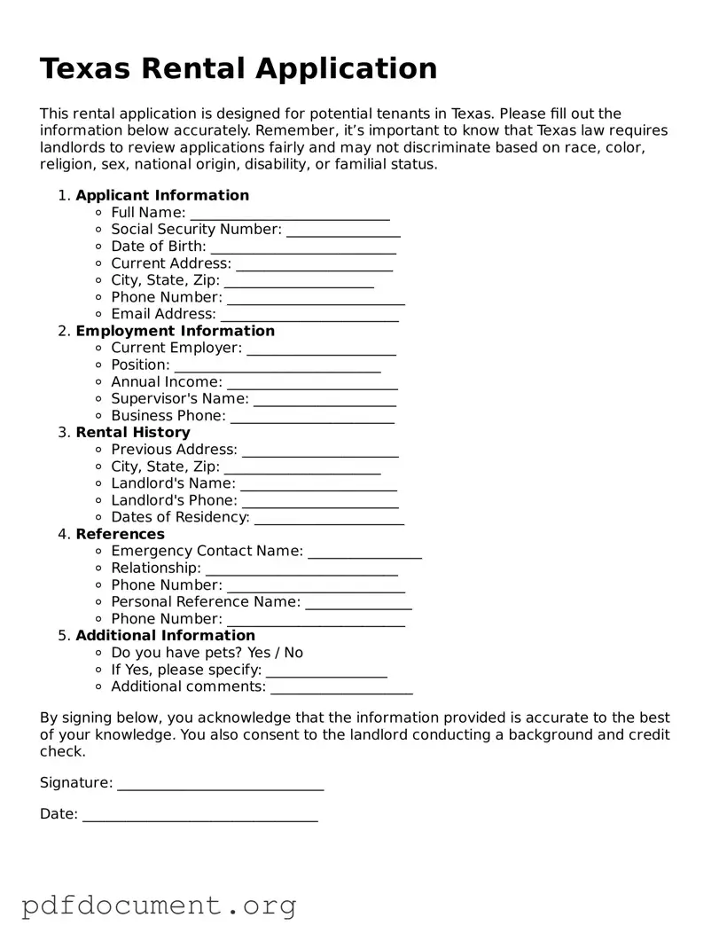 Blank Rental Application Form for Texas State