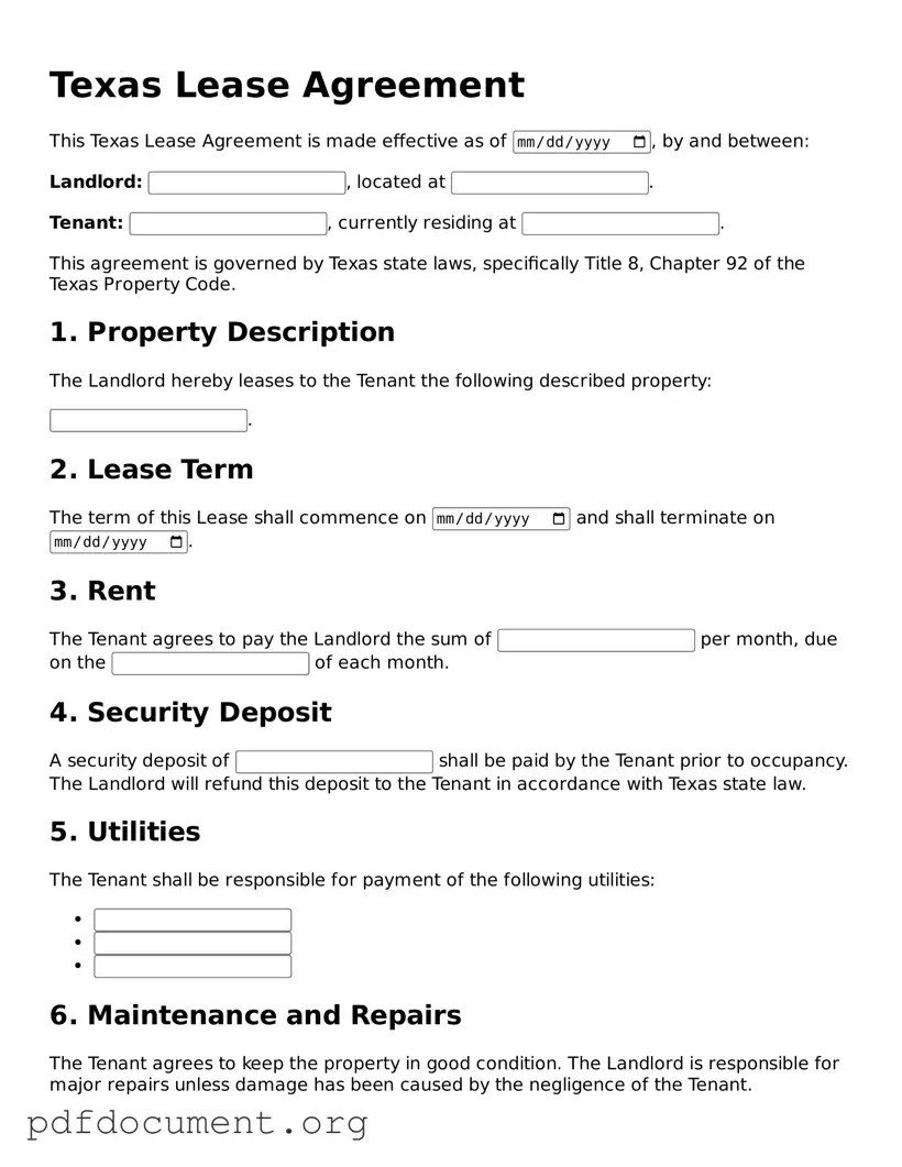 Blank Lease Agreement Form for Texas State