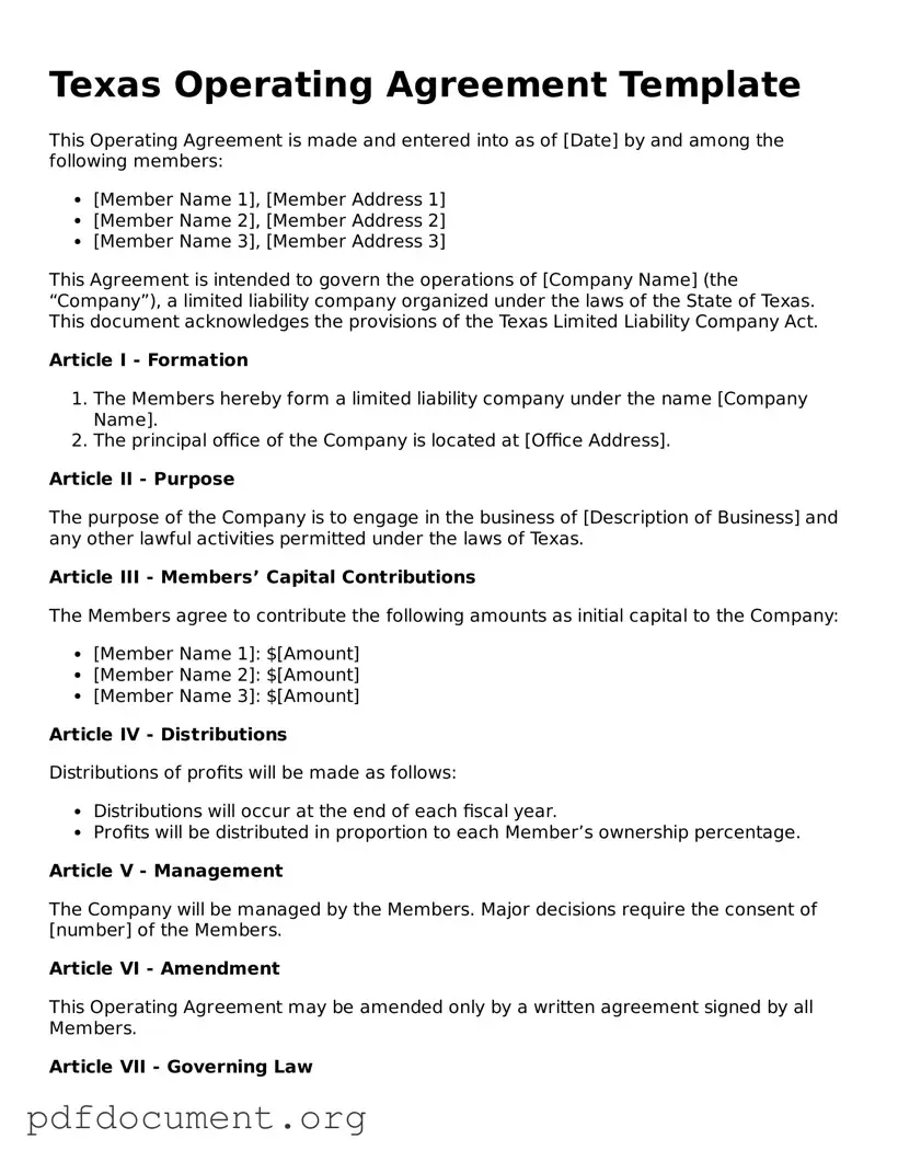 Blank Operating Agreement Form for Texas State