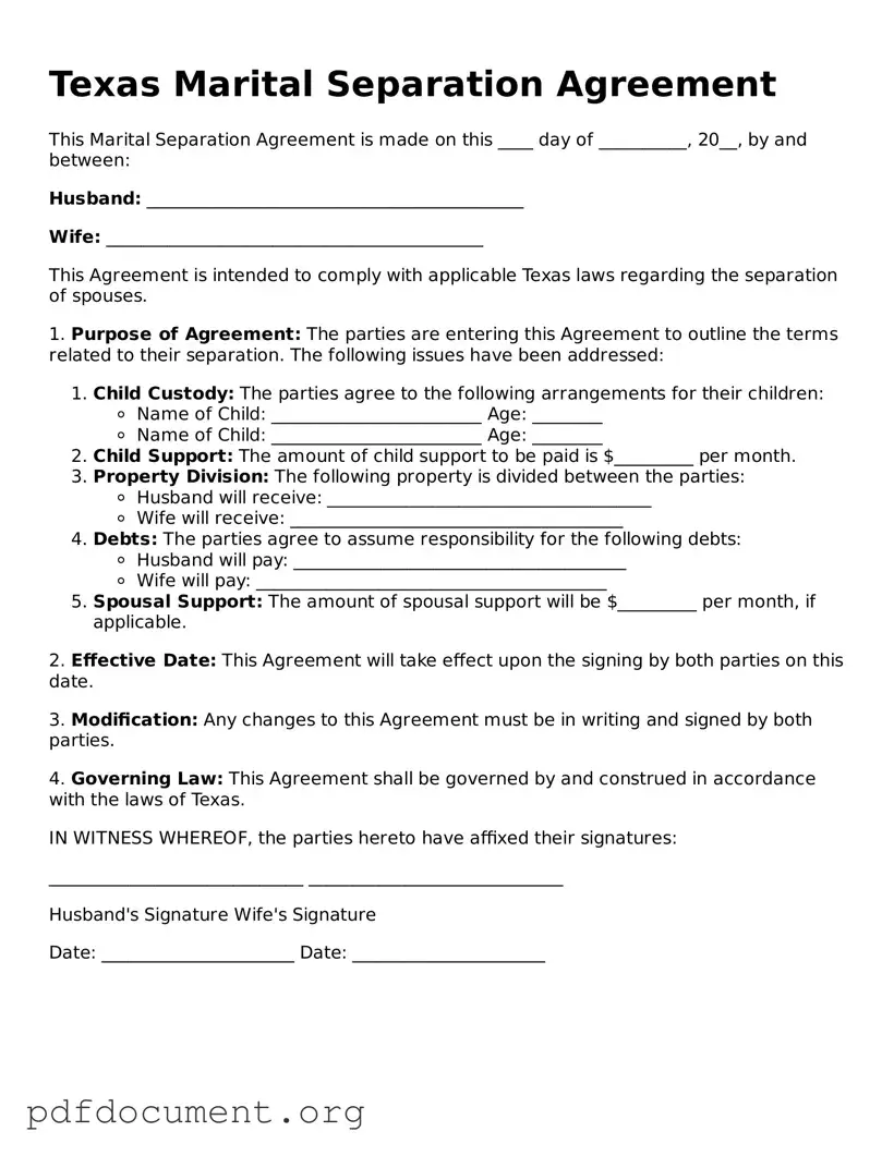 Blank Marital Separation Agreement Form for Texas State
