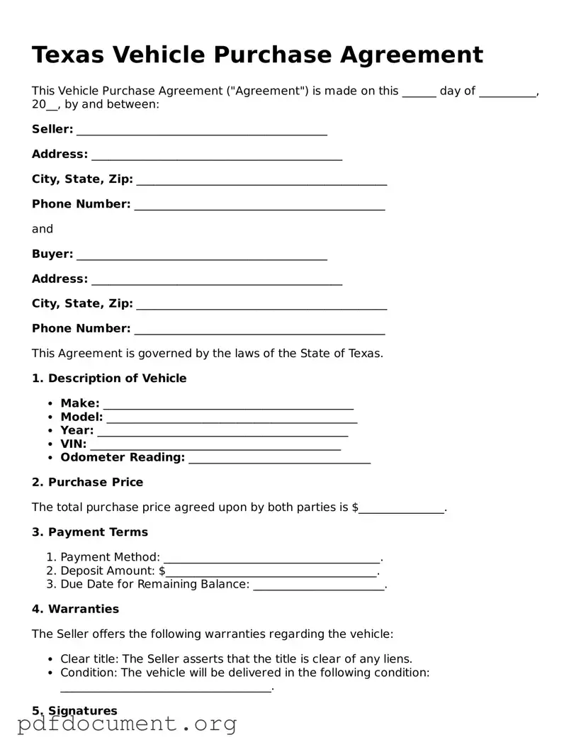 Blank Vehicle Purchase Agreement Form for Texas State