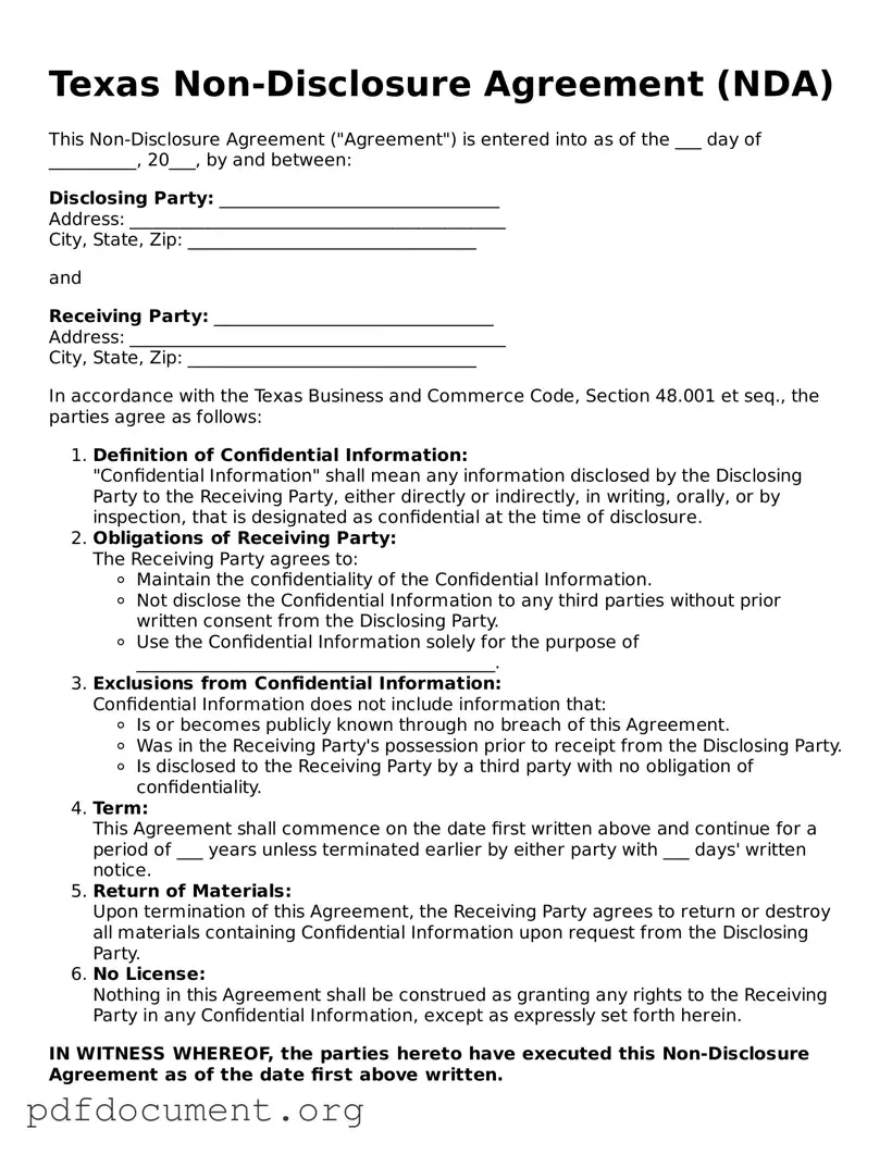 Blank Non-disclosure Agreement Form for Texas State