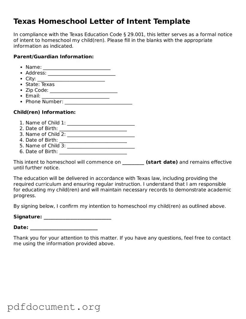 Blank Homeschool Letter of Intent Form for Texas State