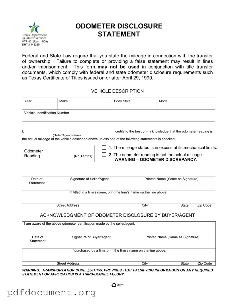 Fill Out Your Texas Odometer Statement Form