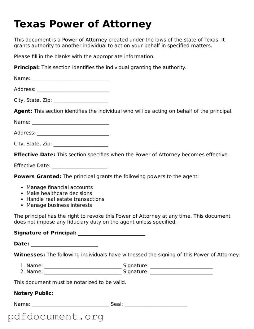 Blank Power of Attorney Form for Texas State